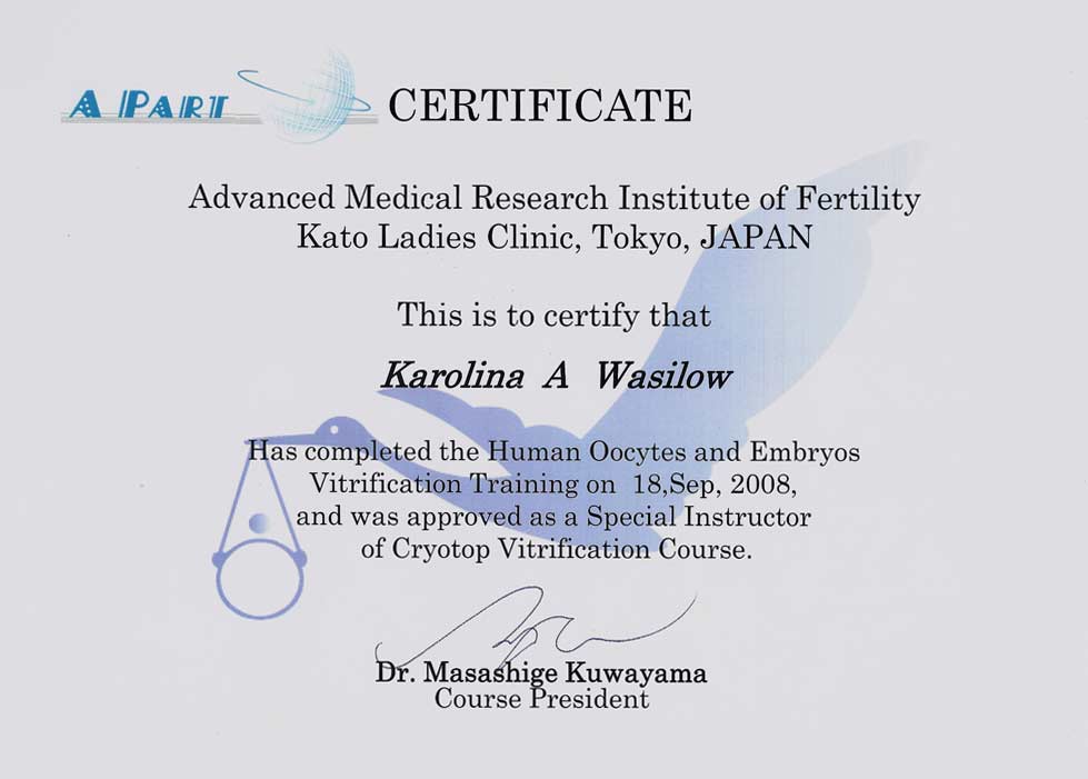 Certyfikat w zakresie witryfikacji z Kato Ladies Clinic, Tokyo