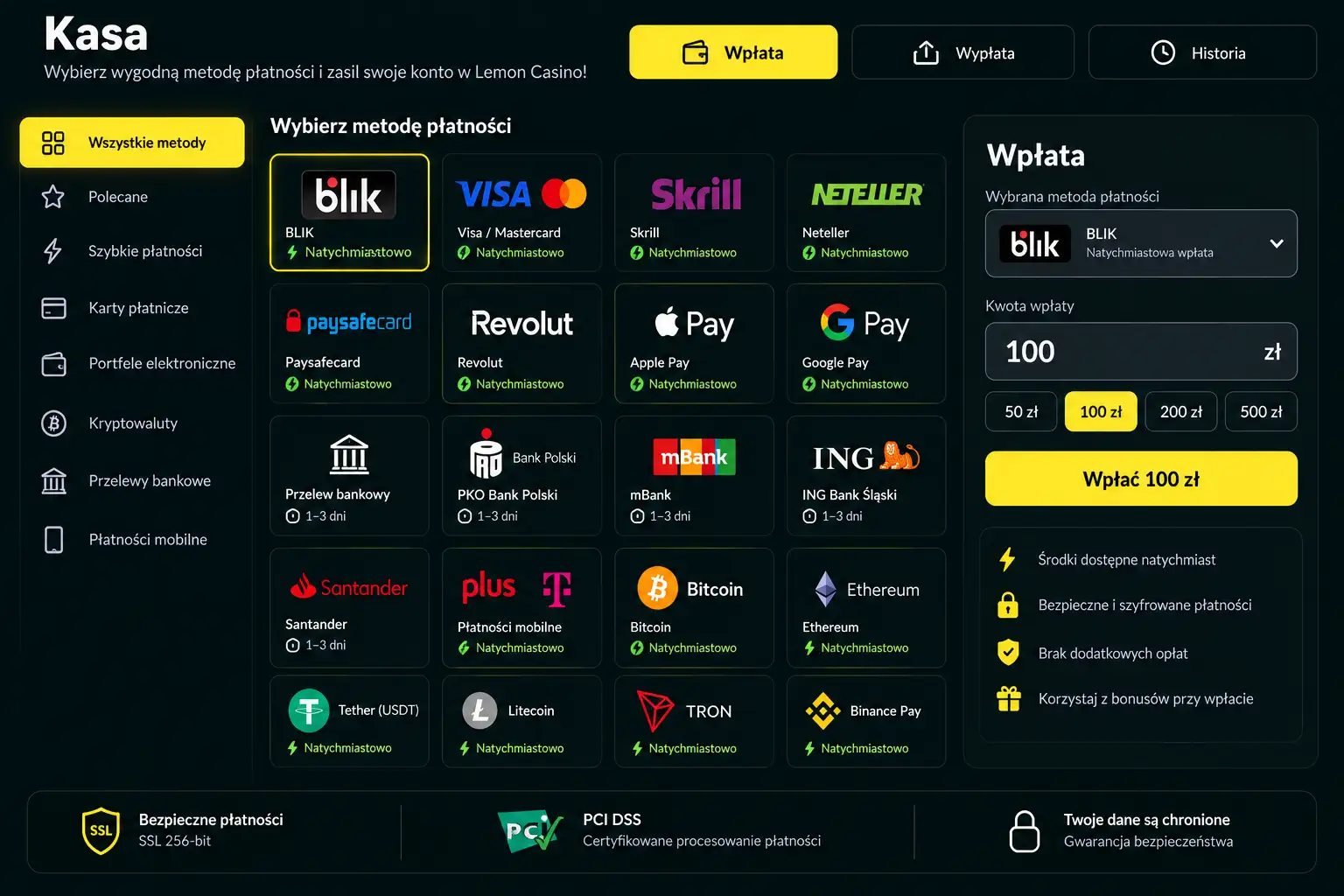Kasa Lemon Casino PL – metody płatności: BLIK, Visa, Skrill, Neteller, Bitcoin i inne