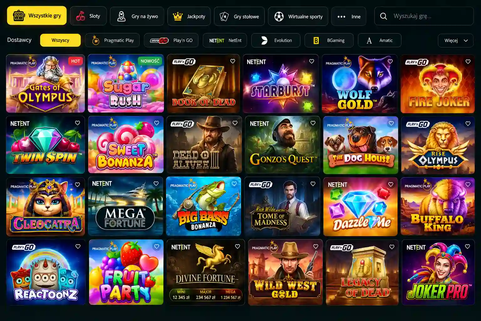 Lobby gier Lemon Casino PL – sloty od Pragmatic Play, Play'n GO, NetEnt z filtrami kategorii